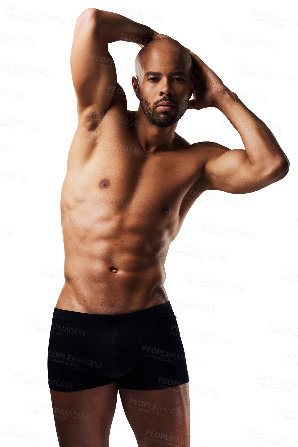 Buy stock photo Strong, muscle and portrait of man in underwear on isolated, png and transparent background. Fitness, wellness and muscular body of person pose for strength, bodybuilder training and confidence