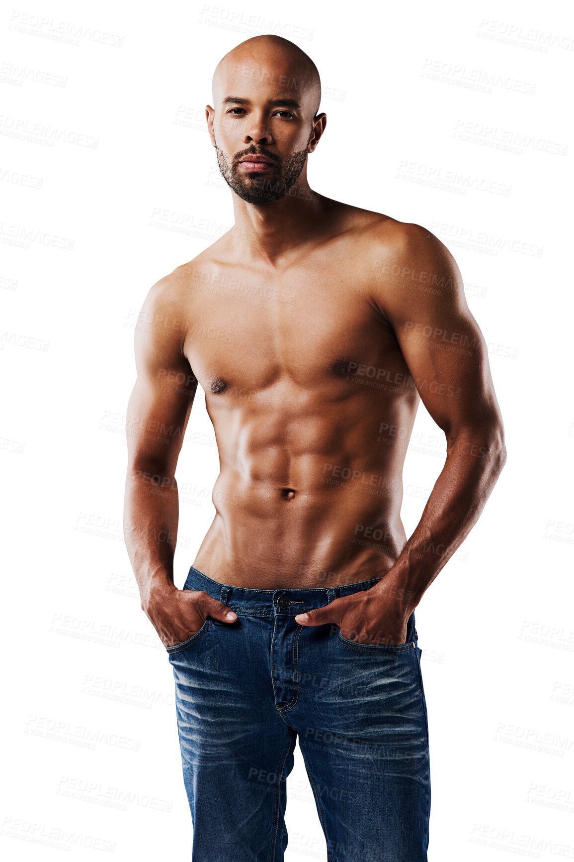 Buy stock photo Body, chest and portrait of man in jeans on isolated, transparent and png background. Exercise, fitness goals and athletic male model show abs, muscle or bodybuilding results, sixpack or topless