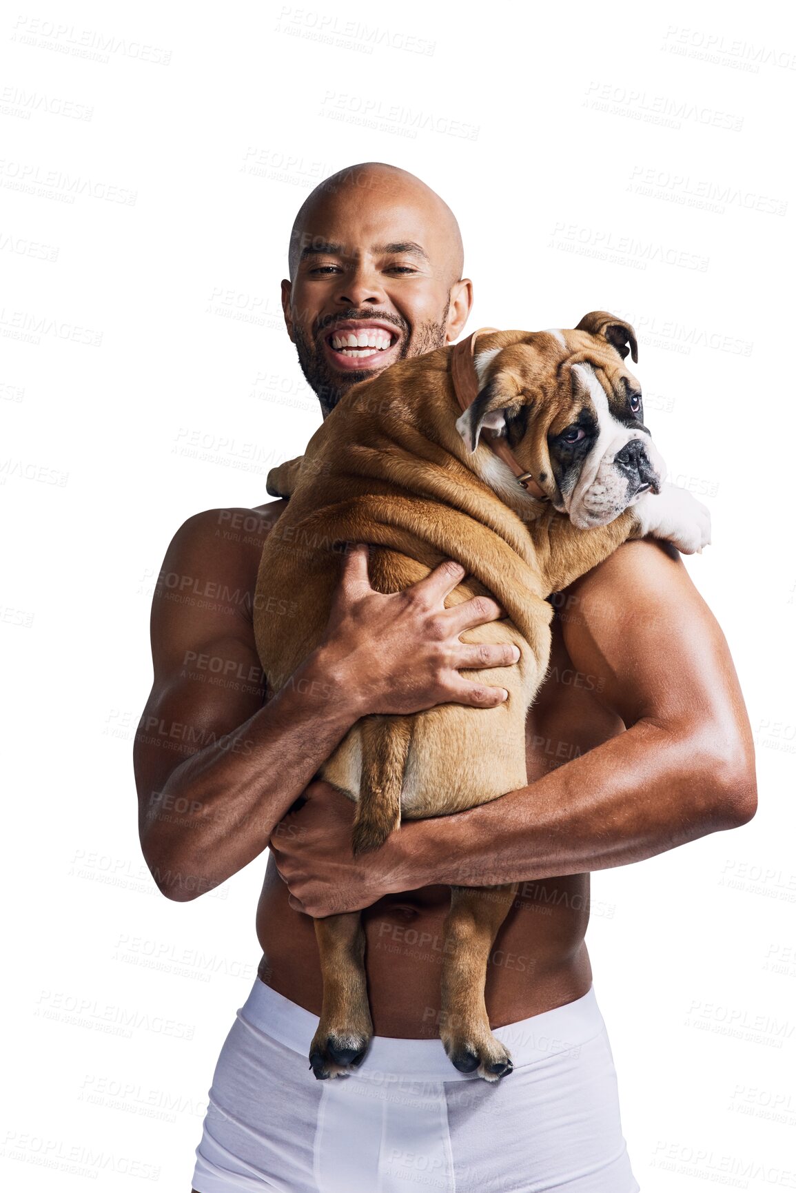 Buy stock photo Hug, dog and portrait of man in underwear on isolated, png and transparent background with smile. Best friend, pet and person with muscles embrace bulldog for friendship, animal care and adoption