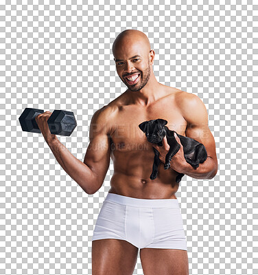 Buy stock photo Happy, exercise and dumbbell portrait with dog and puppy for fitness, underwear and training. Animal, African male person and body care with workout isolated on a transparent, png background