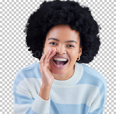 Buy stock photo Secret, hands and portrait of black woman with whisper emoji on isolated, transparent and png background. Confidential, news and face of lady model with quiet announcement, gossip or drama promotion