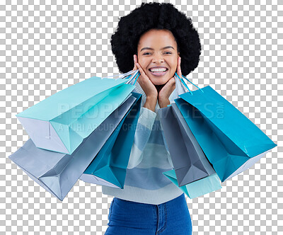 Buy stock photo Shopping, portrait and happy black woman with bags on isolated, transparent or png background. Retail, sale or face of excited African customer with boutique, store or mall gift, discount or purchase