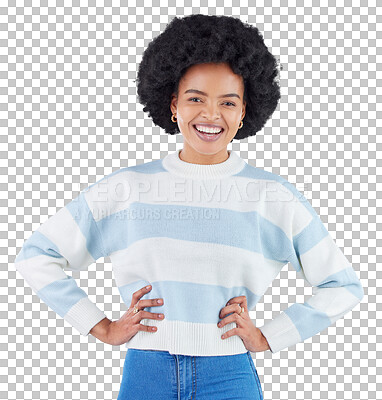 Buy stock photo Fashion, happy and smile with portrait of black woman on isolated, png and transparent background. Smile, pride and confidence with person with natural hair pose in trendy clothes, outfit and style