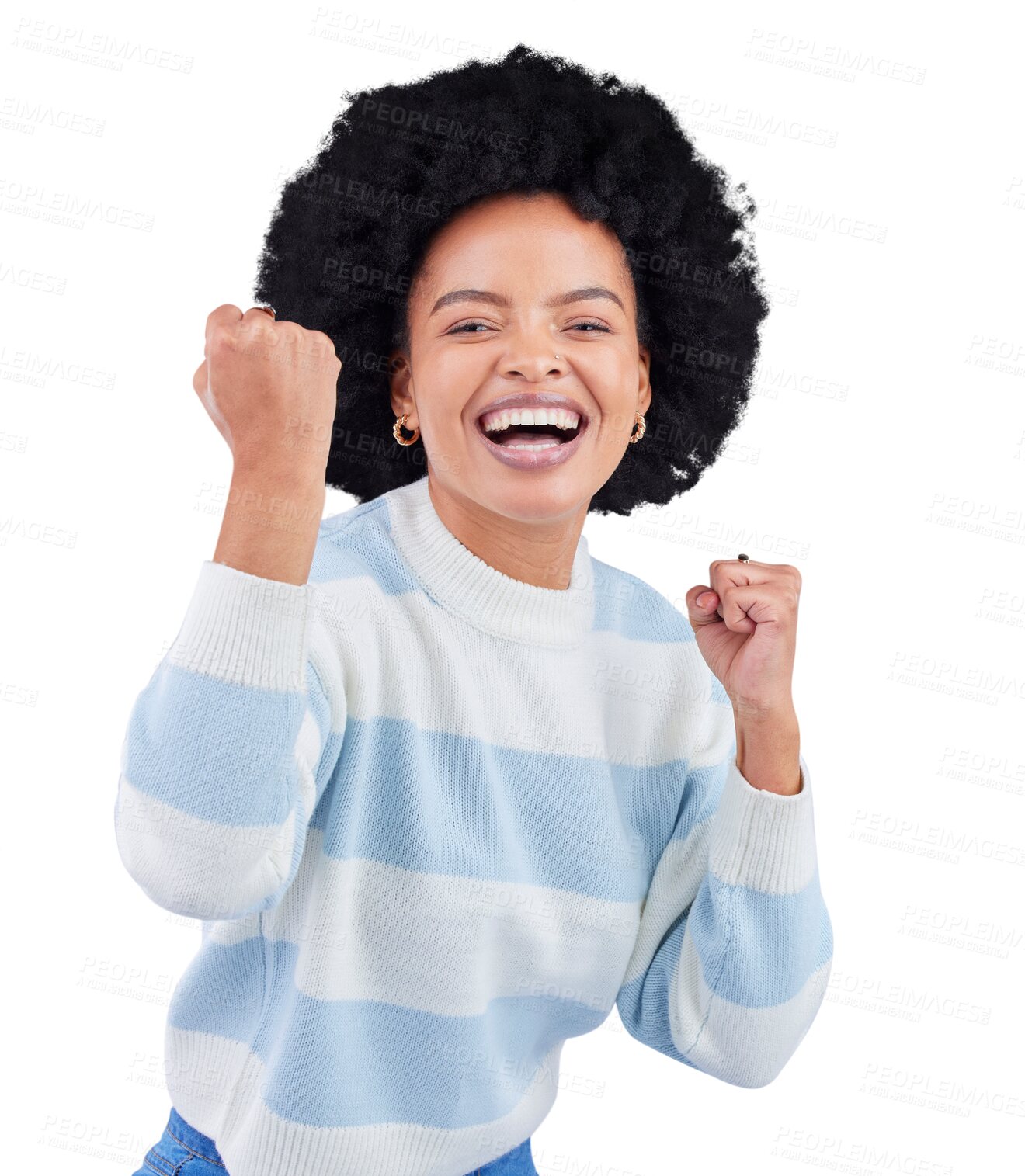 Buy stock photo Happy black woman, portrait and win with smile, deal or celebration from bonus. Excited model, motivation and winner cheers of victory or achievement isolated on a transparent, png background