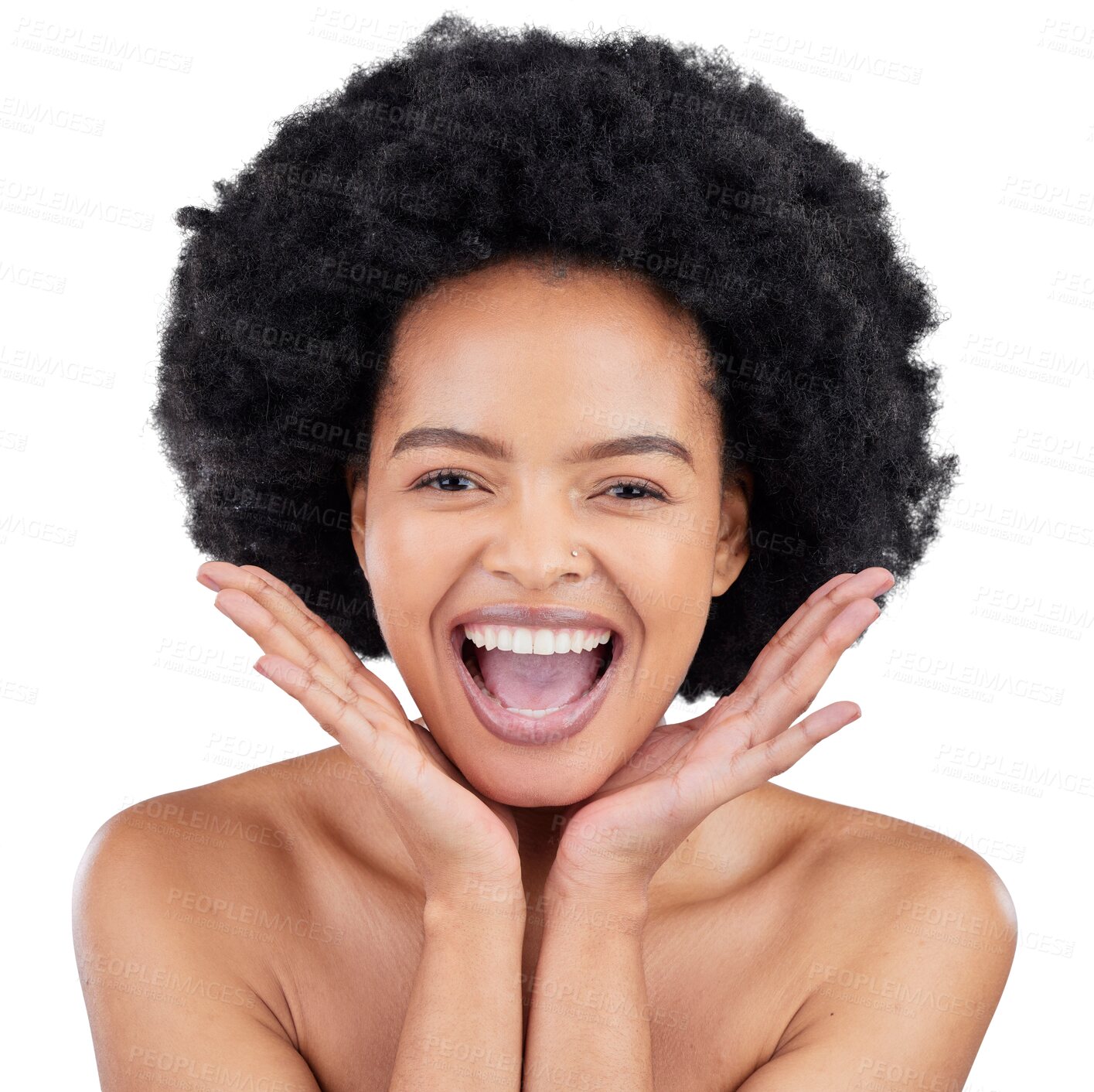 Buy stock photo Face, natural beauty and portrait of black woman with skincare isolated on transparent, png background. Skin glow, excited and dermatology of a female person with smile and happy from treatment