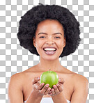 Apple, black woman and portrait with beauty, diet and natural sk