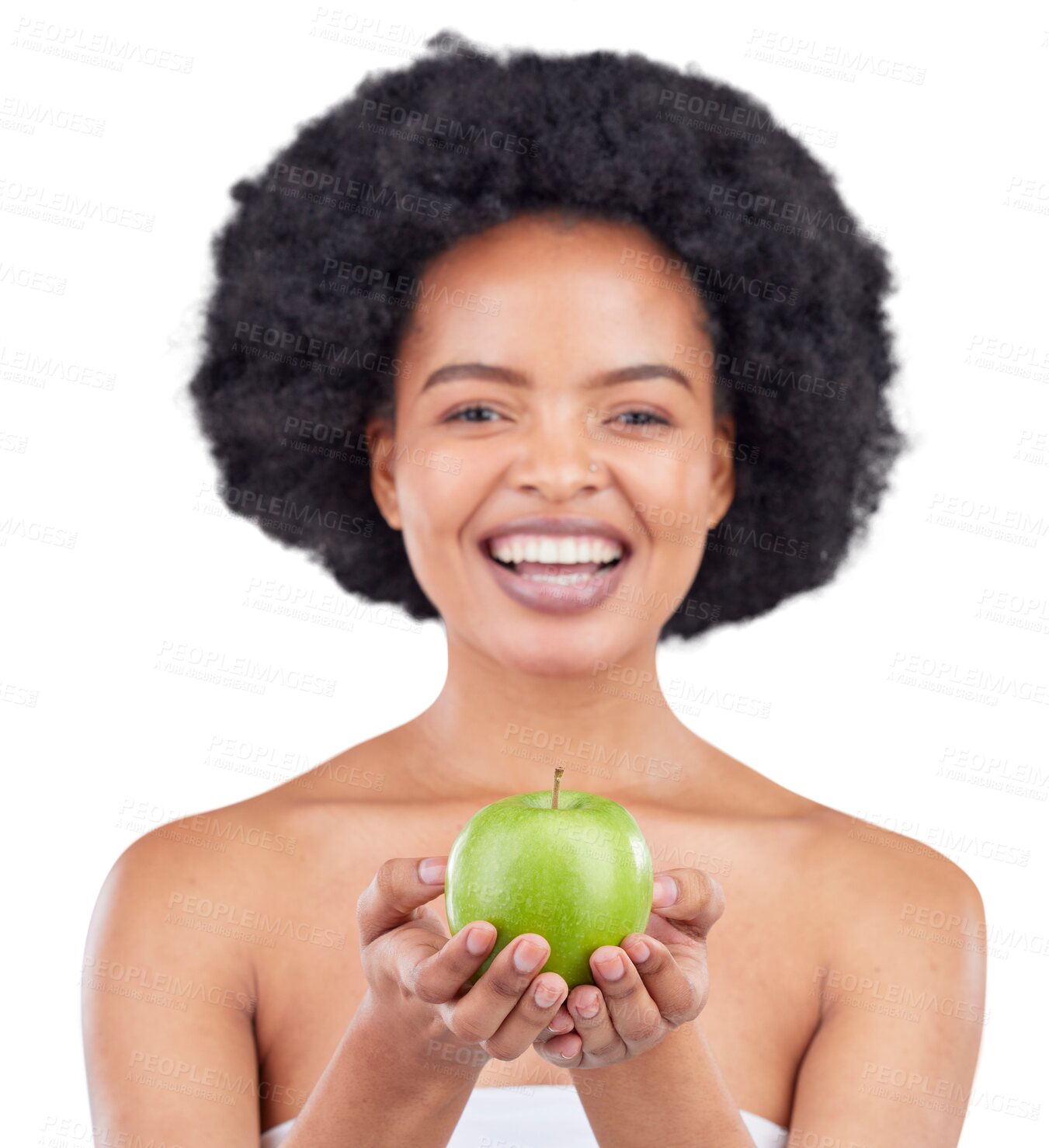 Buy stock photo Apple, wellness and food of black woman portrait with natural fruit isolated on transparent, png background. Health, excited and dermatology of female person with balance for nutrition and smile