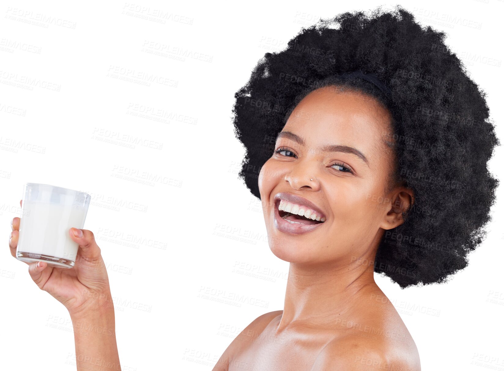 Buy stock photo Happy, milk and portrait of black woman with glass for healthy diet, detox and calcium. Nutrition, face and isolated person with dairy drink for wellness and protein on png or transparent background