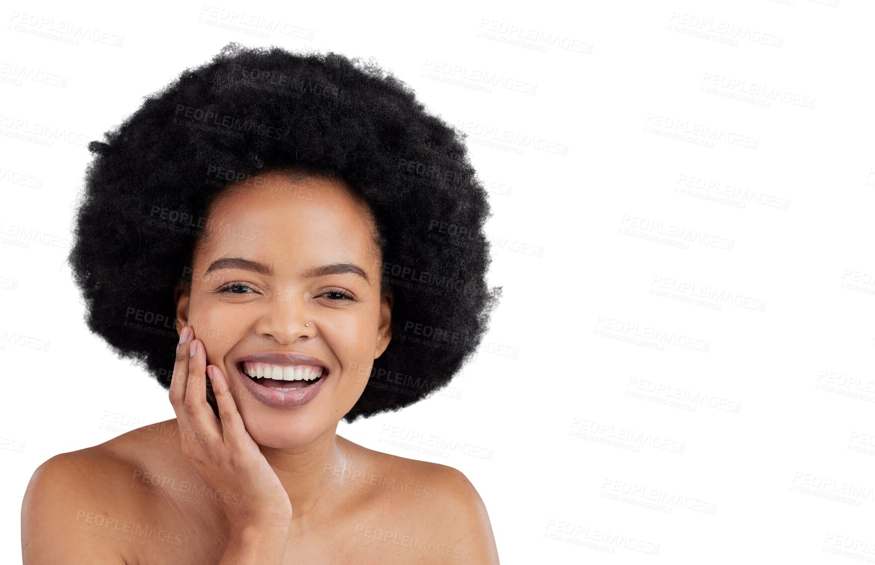 Buy stock photo Cosmetics, natural beauty and portrait of black woman with skincare isolated on transparent, png background. Skin glow, excited and dermatology of a female person with smile and happy from treatment