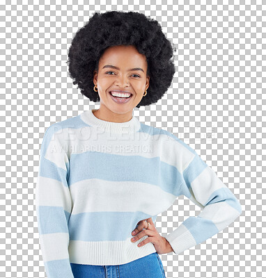 Buy stock photo Happy, fashion and portrait of black woman on isolated, transparent or png background. Fashionable, outfit and face of African female model smile with clothing, pose and casual, comfortable or style