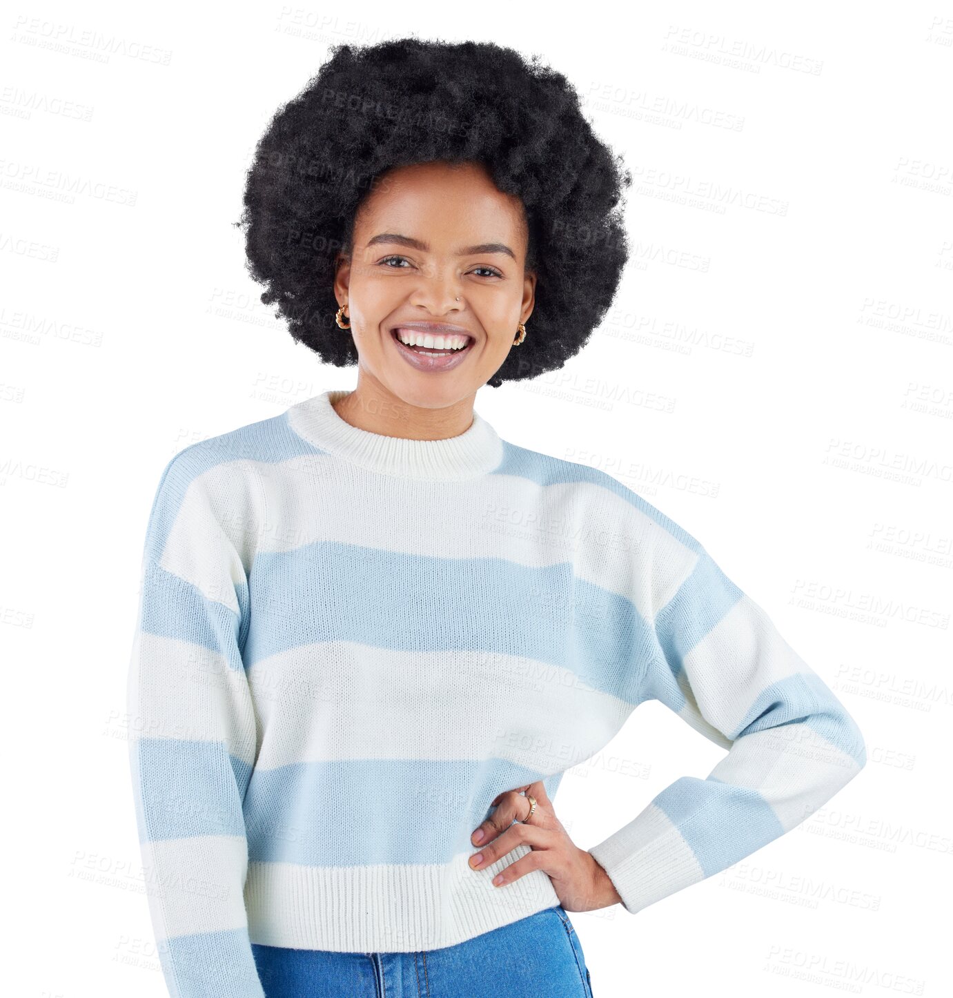 Buy stock photo Happy, fashion and portrait of black woman on isolated, transparent or png background. Fashionable, outfit and face of African female model smile with clothing, pose and casual, comfortable or style