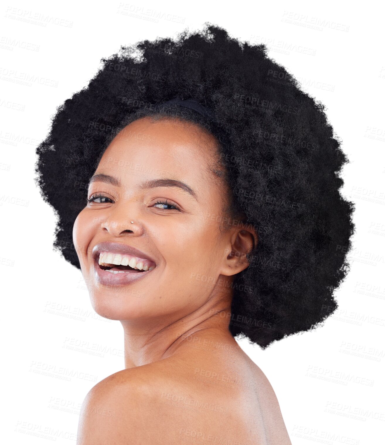 Buy stock photo Smile, natural beauty and portrait of black woman with skincare isolated on transparent, png background. Skin glow, excited and dermatology of a female person with cosmetics and happy from treatment