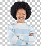 Fashion, arms crossed and smile with portrait of black woman in