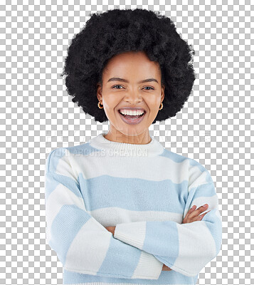 Buy stock photo Fashion, portrait and happy black woman with arms crossed on isolated, transparent or png background. Fashionable, outfit and face of African female model with clothing, pride and casual comfy style