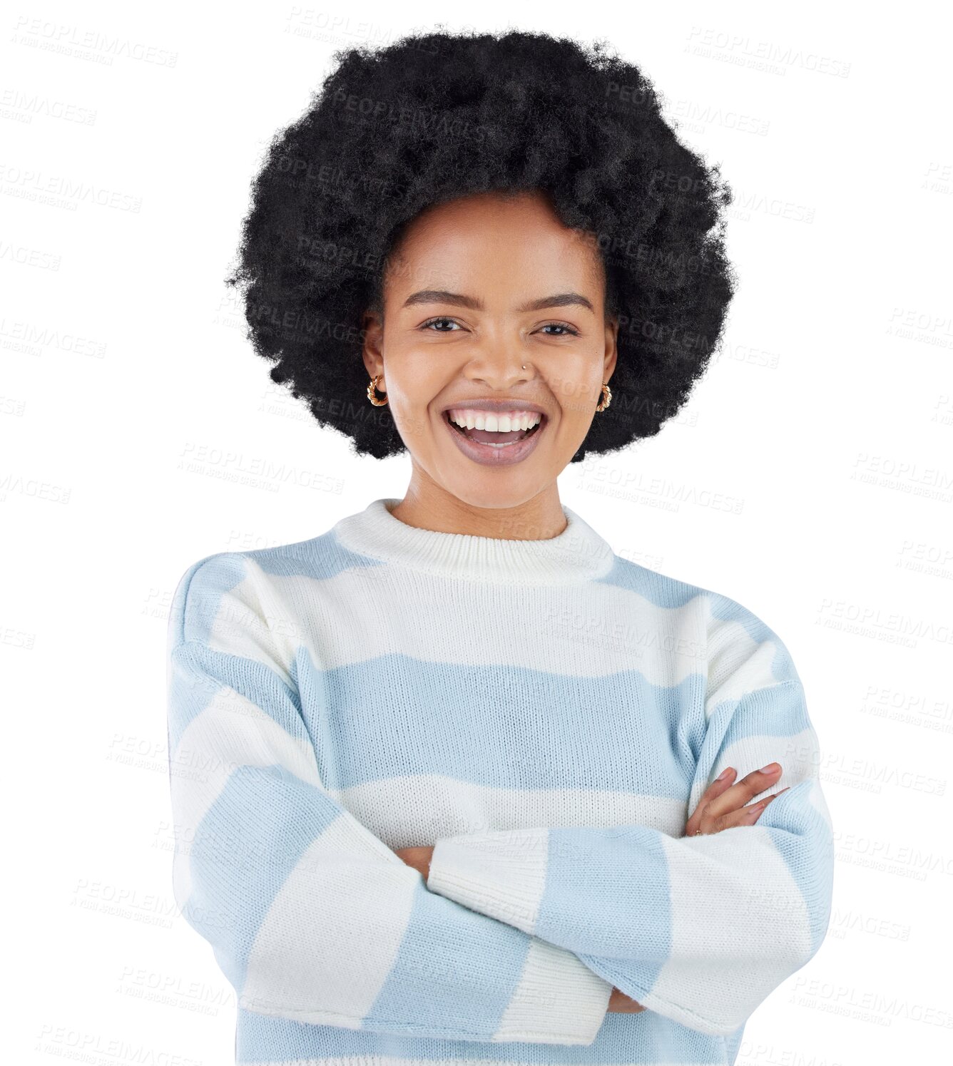 Buy stock photo Fashion, portrait and happy black woman with arms crossed on isolated, transparent or png background. Fashionable, outfit and face of African female model with clothing, pride and casual comfy style