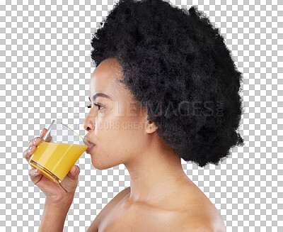 Buy stock photo Black woman, glass and orange juice with profile for beauty of vitamin c with fruit and wellness. Skincare, model and drinking citrus smoothie for healthy skin isolated on transparent, png background