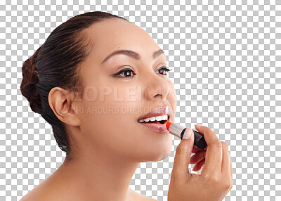 Buy stock photo Makeup, lipstick and woman with cosmetics products on isolated, png and transparent background. Beauty, salon and face of person with red lip color for cosmetology, aesthetic and gloss for shine