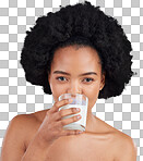 Woman, portrait and drink milk in studio for healthy skin, diet