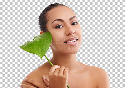 Buy stock photo Woman, plant and portrait with natural beauty, leaf and eco friendly skincare with dermatology. Makeup, cosmetics and  monstera with a female person relax isolated on a transparent, png background