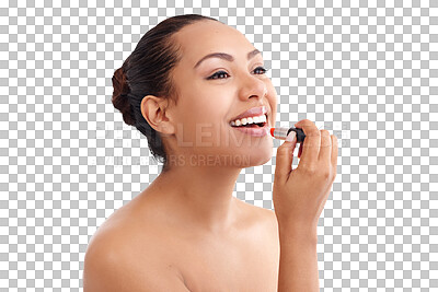 Buy stock photo Makeup, lipstick and woman with beauty or cosmetics products on isolated, png and transparent background. Model, salon and face of person with red lip color for cosmetology, aesthetic and gloss