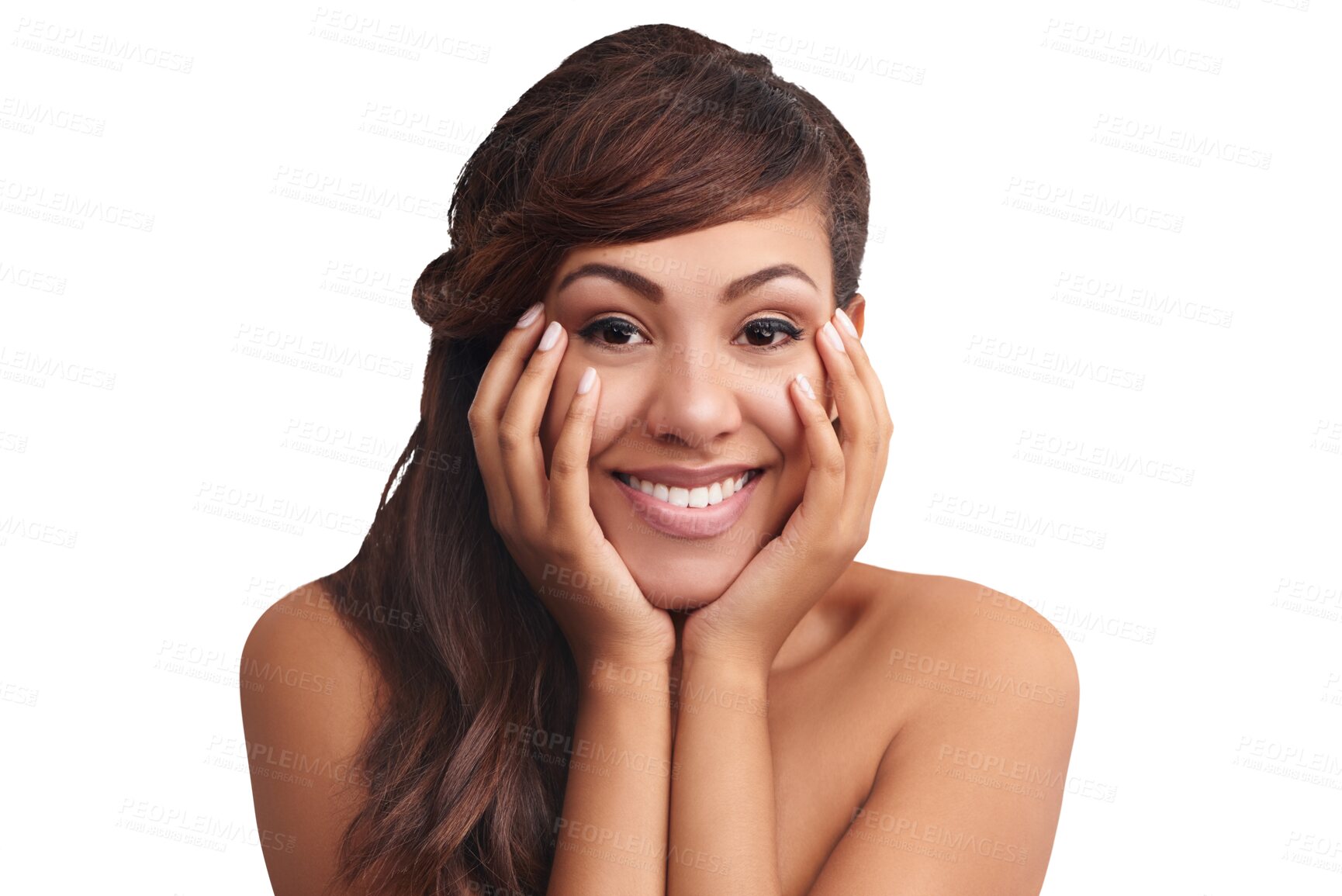 Buy stock photo Beauty, skincare and portrait of woman with smile on isolated, png and transparent background. Dermatology, happy and face of person with cosmetics for facial treatment, salon aesthetic and wellness