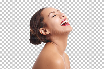 Buy stock photo Laughing, red lipstick and woman with beauty, cosmetics and skin glow from makeup of a happy model. Skincare, smile and confidence of a female person isolated on a transparent, png background