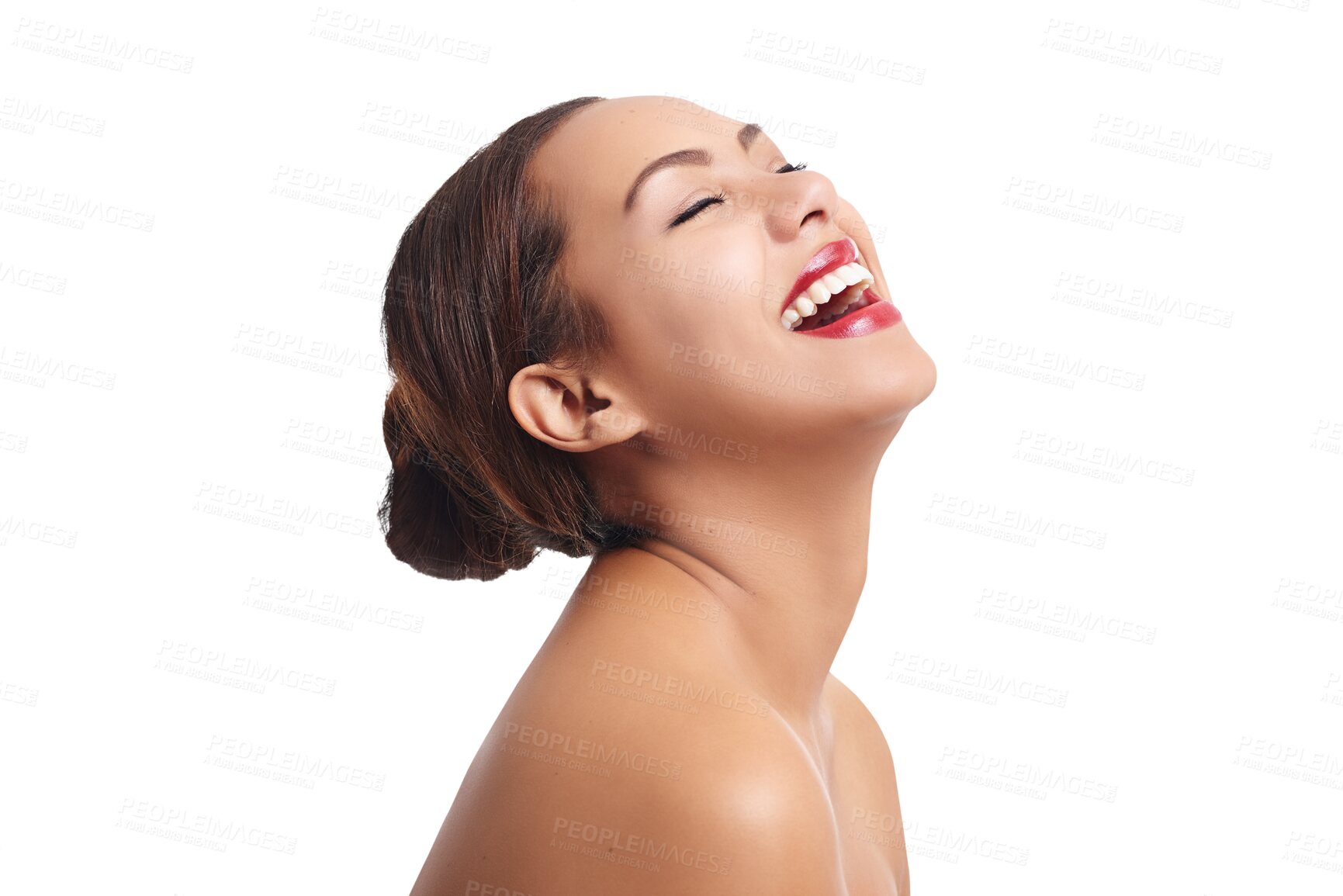 Buy stock photo Laughing, red lipstick and woman with beauty, cosmetics and skin glow from makeup of a happy model. Skincare, smile and confidence of a female person isolated on a transparent, png background