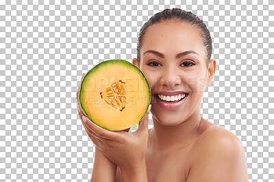 Buy stock photo Melon, beauty and portrait of happy woman for skincare or wellness on isolated, png and transparent background. Dermatology, salon and person with fruit for natural face, organic or cosmetics product