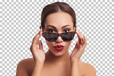 Buy stock photo Sunglasses, red lipstick and woman portrait with beauty and skincare with confidence. Makeup, cosmetics and female person with edgy and fashion glasses isolated on a transparent, png background