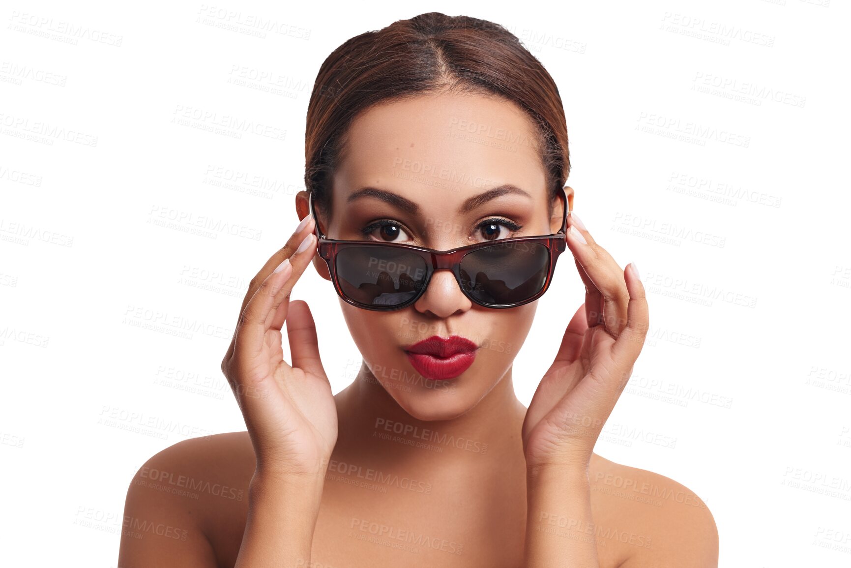 Buy stock photo Sunglasses, red lipstick and woman portrait with beauty and skincare with confidence. Makeup, cosmetics and female person with edgy and fashion glasses isolated on a transparent, png background