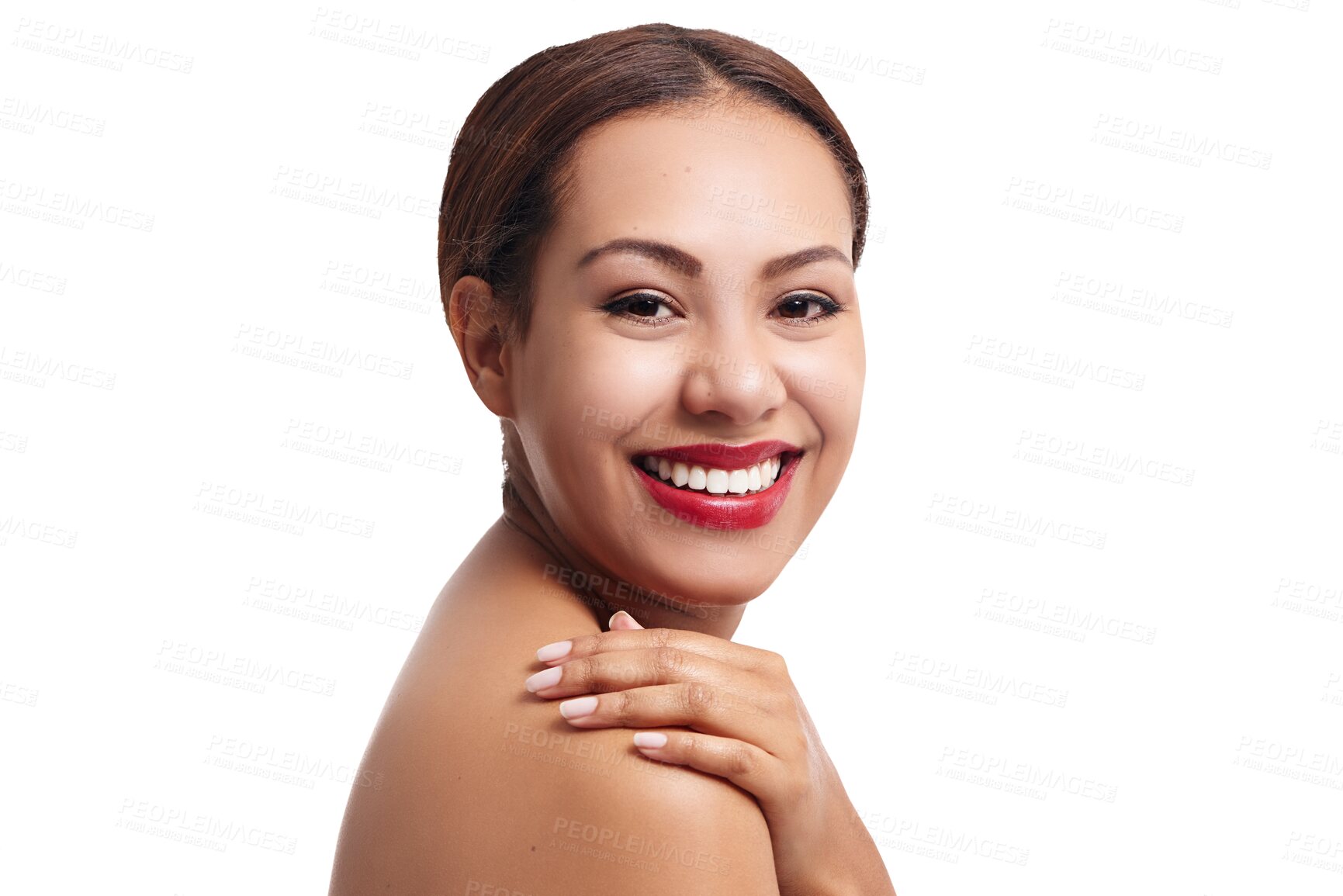 Buy stock photo Makeup, lipstick and portrait of woman with cosmetics products on isolated, png and transparent background. Beauty, salon and face of person with red lips for cosmetology, aesthetic and skin care