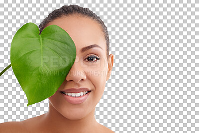 Buy stock photo Woman, leaf and wellness portrait with natural beauty, plant and eco friendly skincare with dermatology. Makeup, cosmetics and monstera with a female person isolated on a transparent, png background