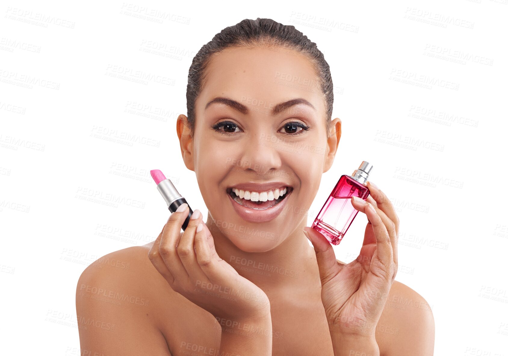 Buy stock photo Perfume, lipstick and portrait of woman with cosmetics products on isolated, png and transparent background. Beauty, salon and face of happy person with makeup for cosmetology, aesthetic and luxury