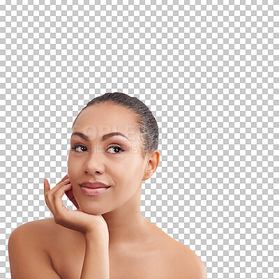 Buy stock photo Beauty, thinking and face of woman for skincare on isolated, png and transparent background. Dermatology, spa and person with cosmetics for facial treatment, salon aesthetic and wellness or self care