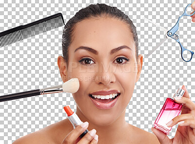 Buy stock photo Beauty, makeup and portrait of woman with tools, cosmetics and products on png or transparent background. Salon brush, face and isolated person with lipstick for cosmetology, aesthetic and glamour