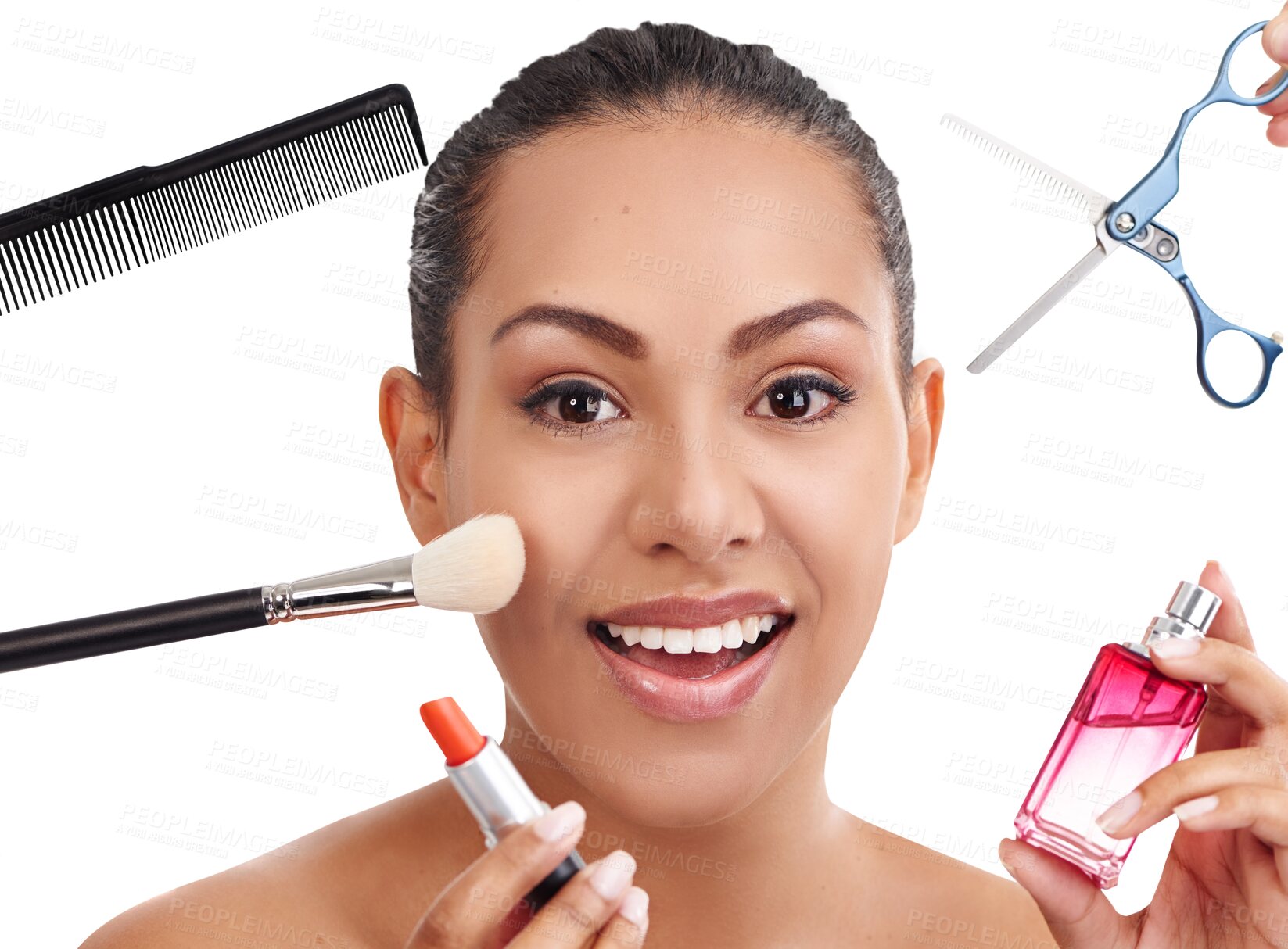 Buy stock photo Beauty, makeup and portrait of woman with tools, cosmetics and products on png or transparent background. Salon brush, face and isolated person with lipstick for cosmetology, aesthetic and glamour