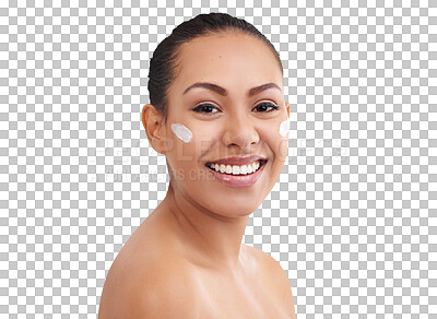 Buy stock photo Portrait, face lotion and woman with beauty, cosmetics and skin glow from dermatology cream of a happy model. Skincare, smile and confidence of female person isolated on a transparent, png background