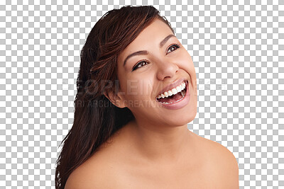 Buy stock photo Laughing, dermatology and woman with beauty, cosmetics and skin glow from makeup of a happy model. Skincare, smile and confidence of a funny female person isolated on a transparent, png background