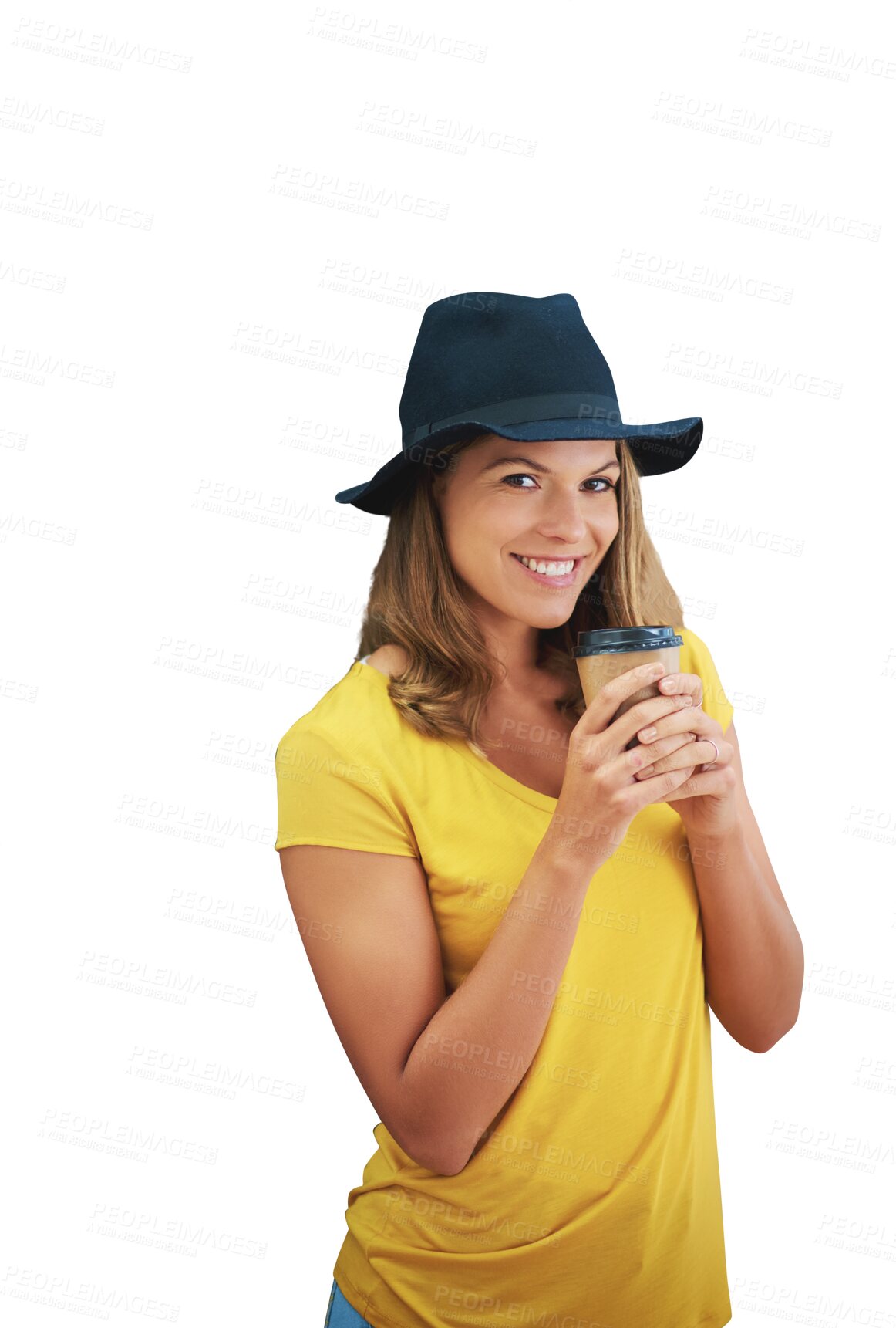 Buy stock photo Coffee cup, happiness and fashion portrait of woman drinking latte, espresso or hot cacao beverage. Stylish hat, wellness liquid and casual person with matcha green tea on transparent, png background