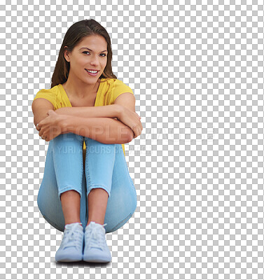 Buy stock photo Portrait smile, relax and woman sitting, care free and enjoy happy weekend relaxation, wellness or rest on ground floor. Happiness, casual and person isolated on transparent, png background