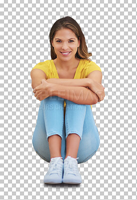 Buy stock photo Happy woman, relax and fashion portrait with smile and sitting on ground relax on a break. Casual clothes, calm and female person from France on floor isolated on a transparent, png background