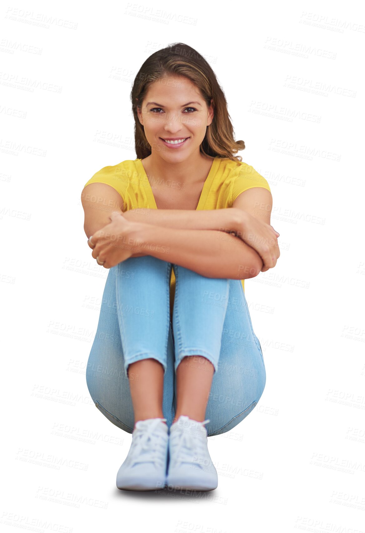 Buy stock photo Happy woman, relax and fashion portrait with smile and sitting on ground relax on a break. Casual clothes, calm and female person from France on floor isolated on a transparent, png background