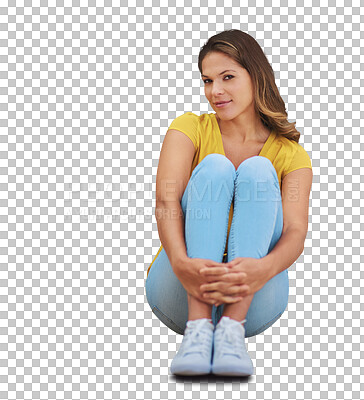 Buy stock photo Young woman, relax and fashion portrait with smile and sitting on ground relax on a break. Casual clothes, calm and female person from France on floor isolated on a transparent, png background