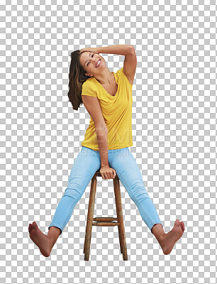 Buy stock photo Happy woman, confidence and fashion portrait with smile and sitting on chair with fun. Casual clothes, laughing and female person from France on a stool isolated on a transparent, png background