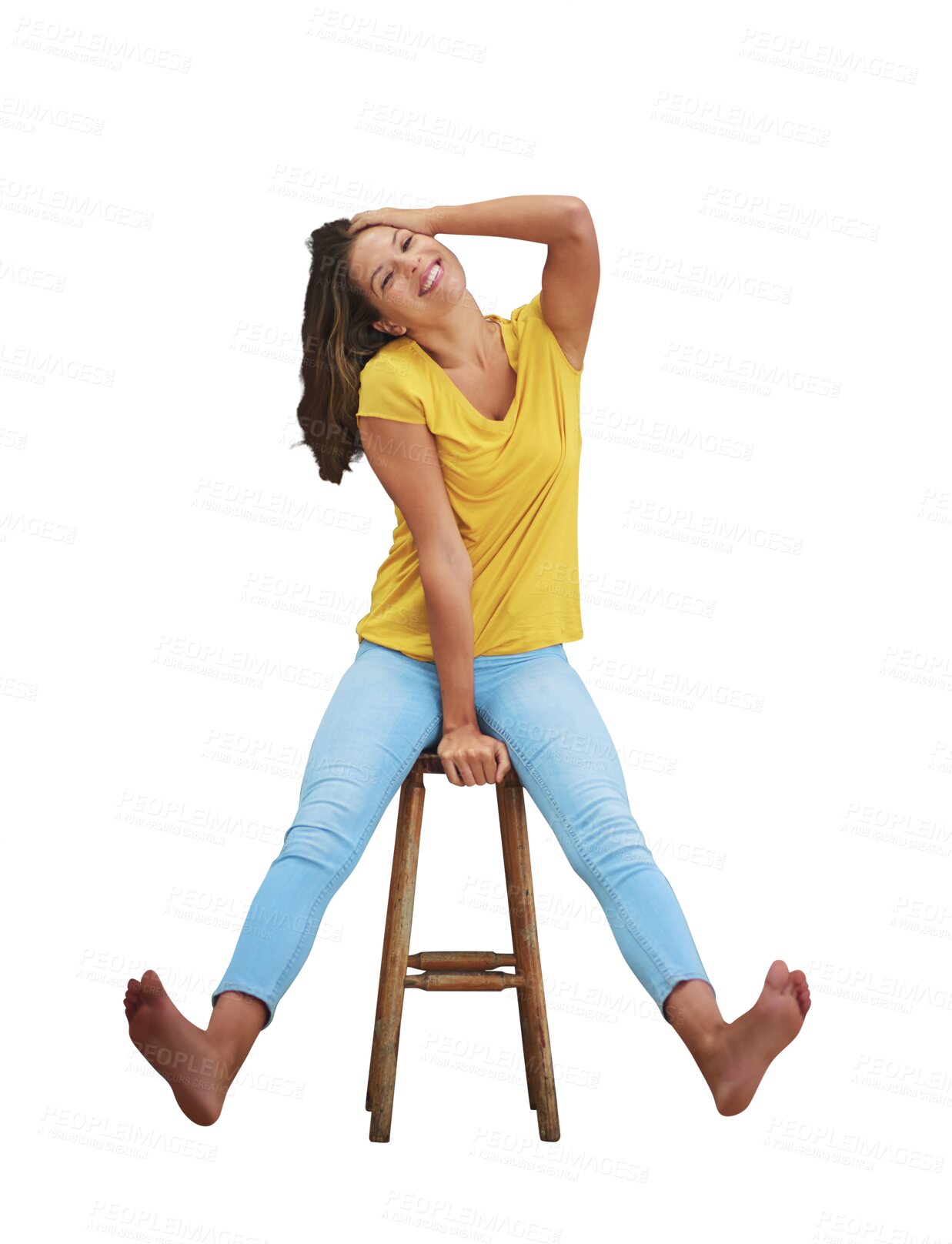 Buy stock photo Happy woman, confidence and fashion portrait with smile and sitting on chair with fun. Casual clothes, laughing and female person from France on a stool isolated on a transparent, png background