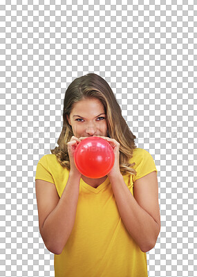 Buy stock photo Portrait, excited and woman with a balloon, celebration and decoration isolated on a transparent background. Face, cheerful person or model with party, gift and event with happiness, birthday and png