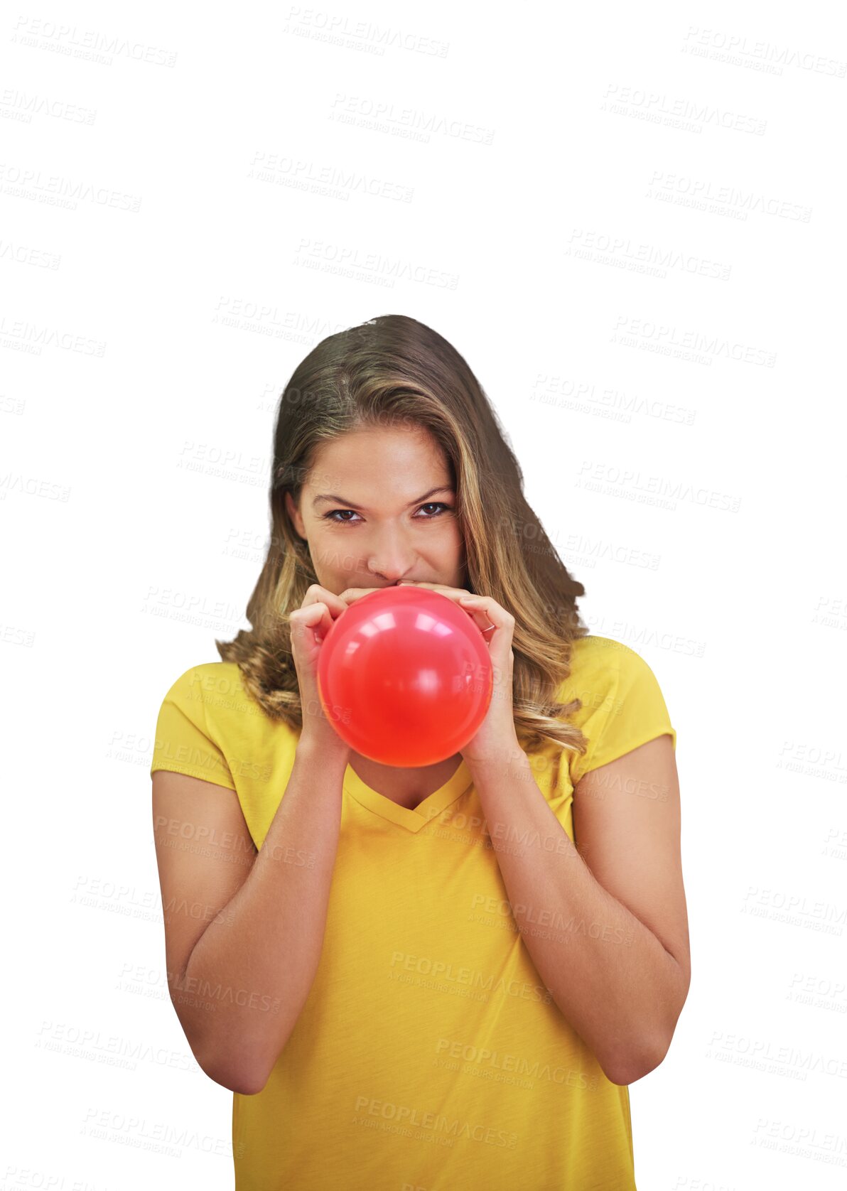 Buy stock photo Portrait, excited and woman with a balloon, celebration and decoration isolated on a transparent background. Face, cheerful person or model with party, gift and event with happiness, birthday and png