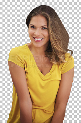 Buy stock photo Happy, fashion and portrait of woman with smile on isolated, png and transparent background. Beauty, style and face of person with confidence, pride and positive attitude in trendy clothes or outfit