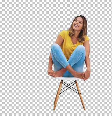 Buy stock photo Happy woman, confidence and chair portrait with smile and sitting and relax on a break. Casual clothes, laughing and female person from France on a stool isolated on a transparent, png background