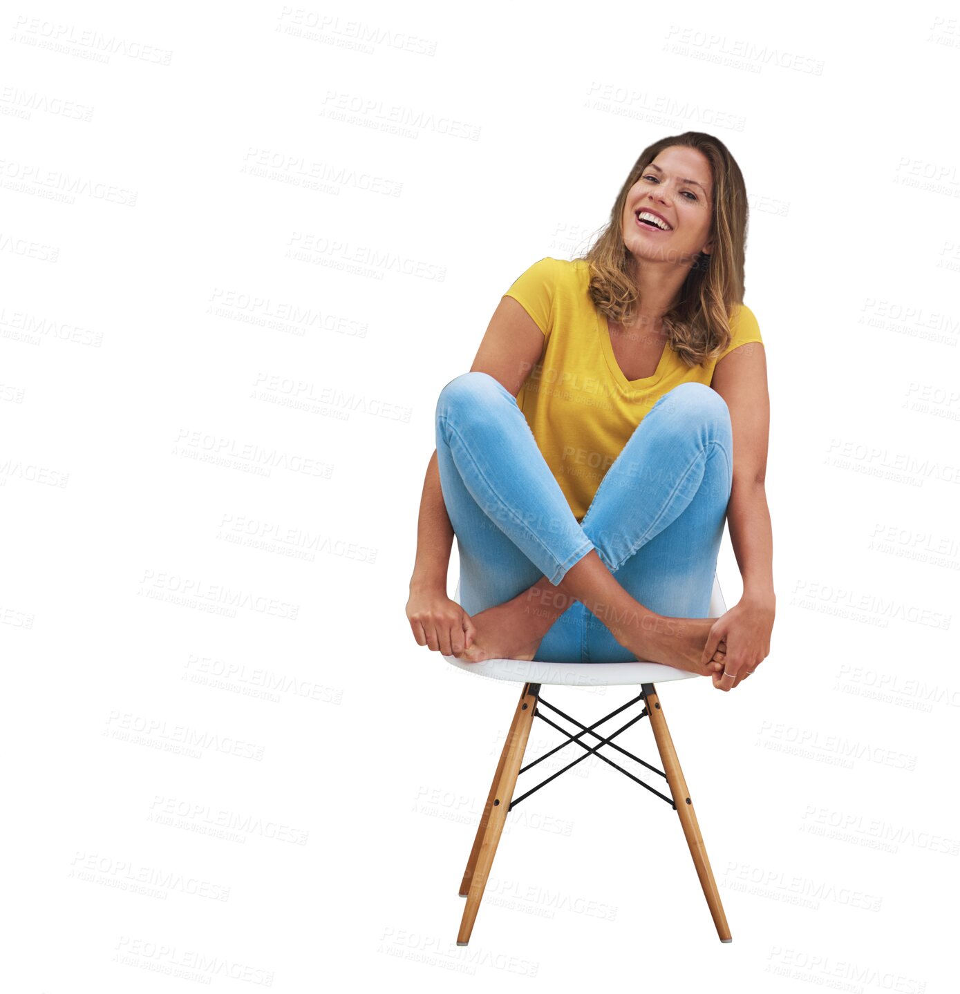 Buy stock photo Happy woman, confidence and chair portrait with smile and sitting and relax on a break. Casual clothes, laughing and female person from France on a stool isolated on a transparent, png background